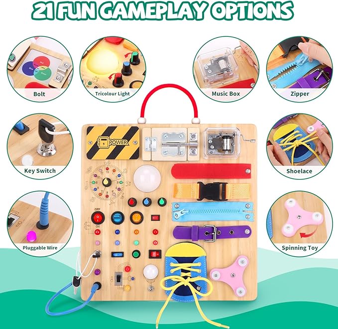 Busy Board,Montessori Toys for 1-3 Years Old, Wooden Toddler Toys, Autism Sensory Travel Toys, Ideal Gift for 1+ Year Old Boys (Busy Board Plus v3)