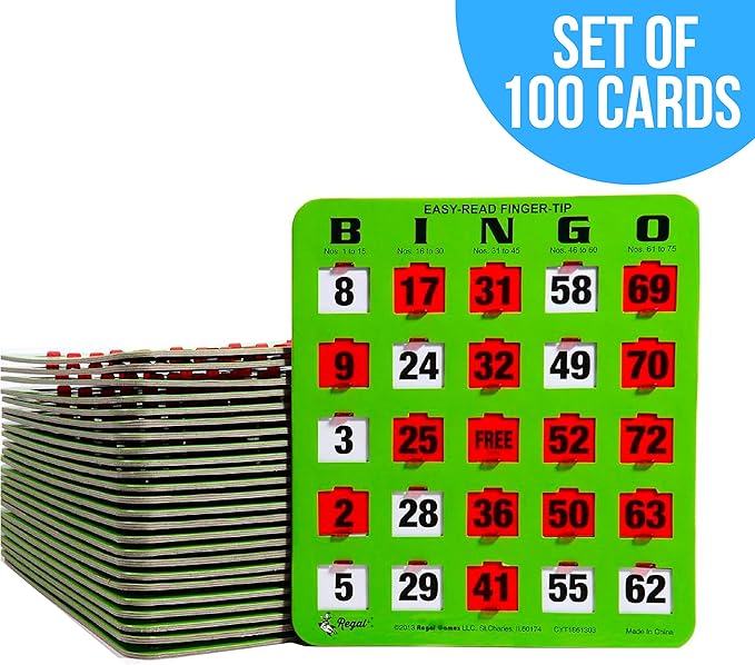 Regal Bingo - Shutter Slide Bingo Cards Only - 8” x 9” - 5-Ply Green Cardstock - Easy to Read - No Duplicates - Red Sliding Windows - Perfect for Large Groups, Bulk Purchasing