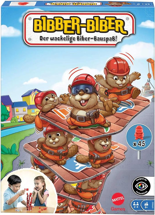 Mattel Games Beaver Building Fun Game for Family Nights, Game Nights, Travel & Camping for 2-4 Players 6 and Up with 45 Beaver Figures, 14 Double-Sided Building Tiles and 3 Dice.