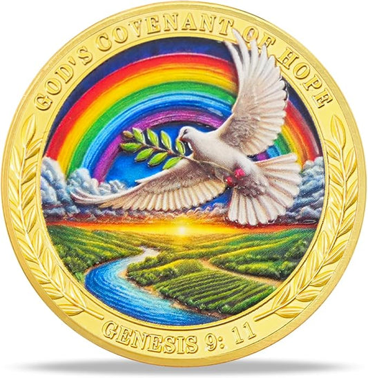 Rainbow Ark Dove Religious Coin Inspirational Bible Verse Medallion Faith-Based Gifts for Spiritual Encouragement for Men & Women