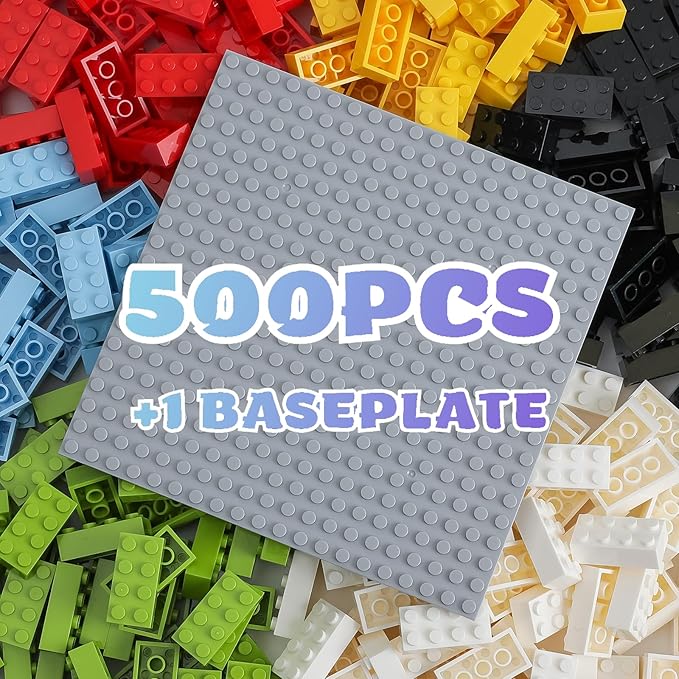 500 Piece Classic Building Bricks and 1 Gray Baseplate, 2x4 Bricks Bulk Creative Building Toys, Blocks Bulk for Kids Ages 6+, 6 Colors