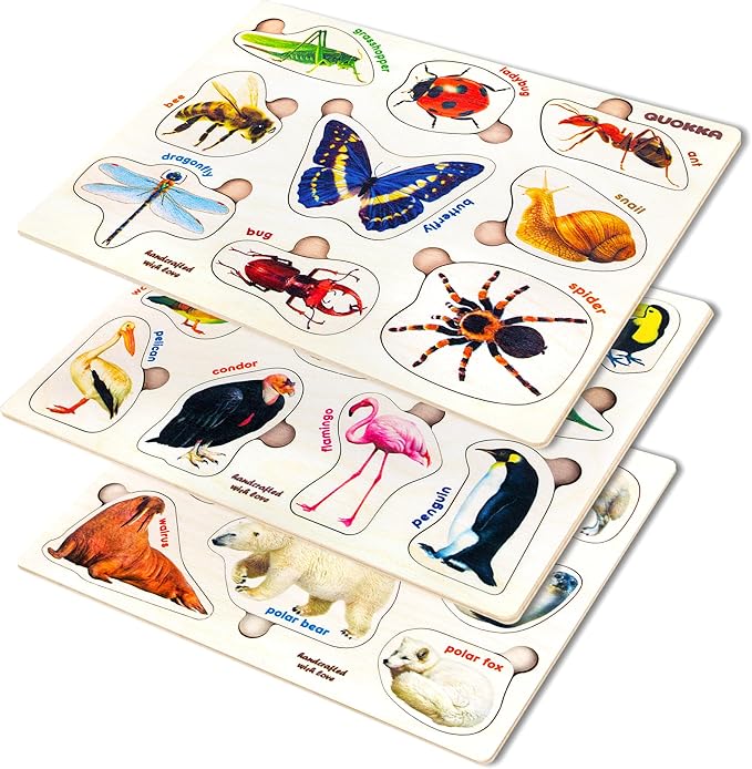 QUOKKA Wooden Puzzles for Toddlers 1-3 – 3xSET Kids Puzzles Ages 2-4 – Montessori Toy Puzzle for Toddlers 3-5 – Wood Toy Learning Realistic Insects - Arctic Animals - Birds for Boy and Girl