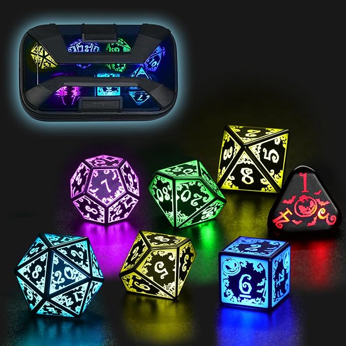 Light Up DND Dice Set Rechargeable with Charging Case for Dungeons and Dragons LED Dice Set D and D 7 Color Polyhedral Role Playing RPG Dice for Tabletop DND Gifts (Pumpkin RGB)