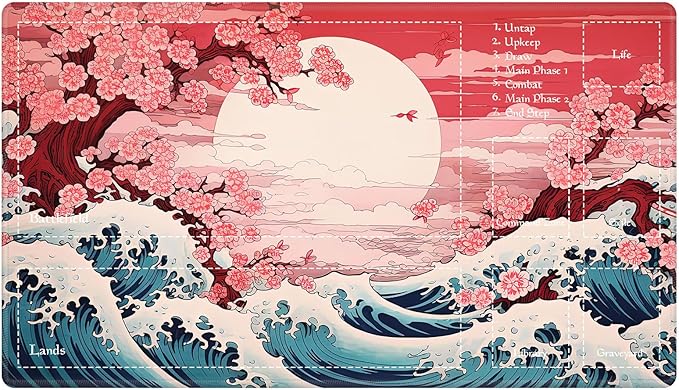 Playmat with Zones for MTG Card Game Playing, Game Mats Tabletop Magic Play Mats 24"x14" Commander Deck Gaming Desk Duel Mat Card Gameplay Mats for Beginner, Japanese Sakura Wave