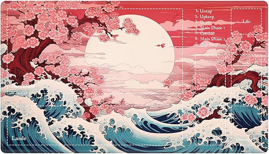 Playmat with Zones for MTG Card Game Playing, Game Mats Tabletop Magic Play Mats 24"x14" Commander Deck Gaming Desk Duel Mat Card Gameplay Mats for Beginner, Japanese Sakura Wave