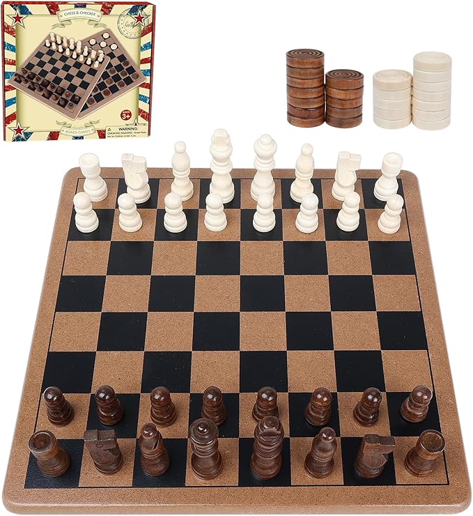 GOTHINK Wooden 2-in-1 Chess and Checker Board Game Set, Classic Game for Kids and Adults, 11 inches Chess Board Set, Perfect for Travel and Family Fun