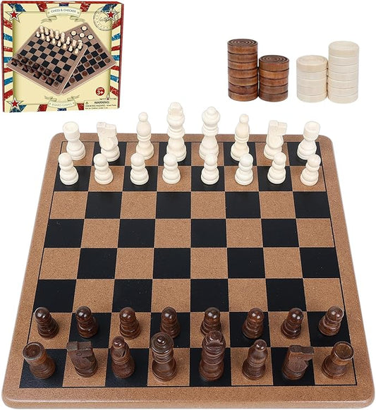 GOTHINK Wooden 2-in-1 Chess and Checker Board Game Set, Classic Game for Kids and Adults, 11 inches Chess Board Set, Perfect for Travel and Family Fun