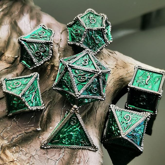 HAOMEJA Metal Dice DND Dragon Dice Set 7 Role Playing Dice D&D Solid Dice Dungeons and Dragons (Black Nickel Green)