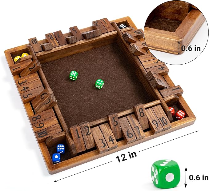 ropoda 12 Inches 4-Way Shut The Box Dice Board Game (2-4 Players) for Kids & Adults [4 Sided Large Wooden Board Game, 8 Dice + Shut-The-Box Rules] Smart Game for Learning Addition