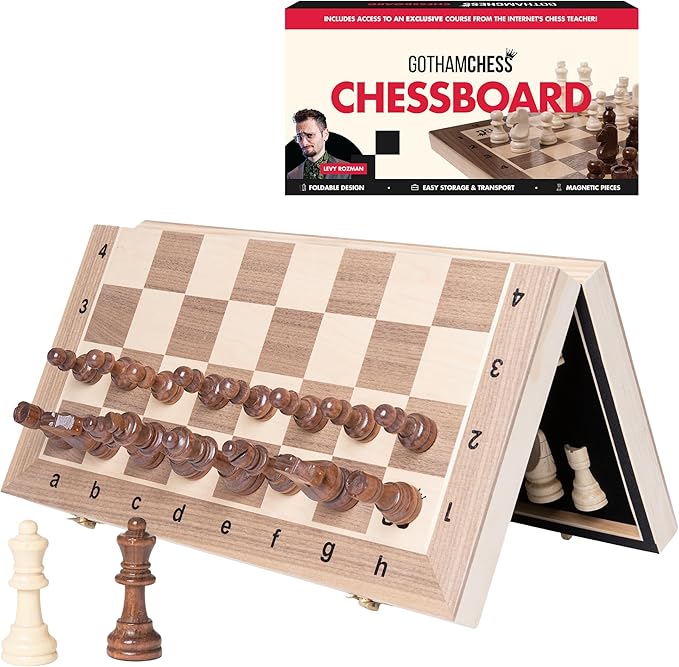 GothamChess Board- Foldable, Magnetic Pieces, Quality Wood, Fitted Storage, Includes Course by International Master Levy Rozman