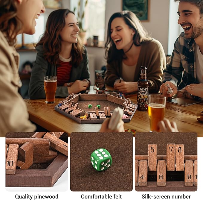 Ropoda 6-Way Shut The Box - Upgraded 1-6 Player Wooden Dice Game for Adults and Kids, Addition Training, Fun for Family Game Night - Vintage Style
