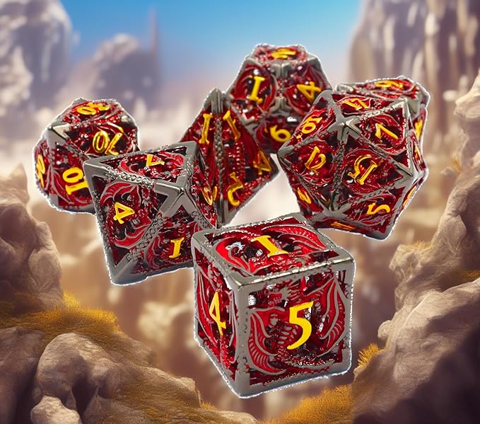 Metal DND Dice Set Dungeons and Dragon Dice Set Hollow Dragon Polyhedral Magic 7 PCS Dice Set with Gift Metal Box for Dungeons and Dragons Table Games Play Cards MTG(Dragon_Black Red Plus Gold)
