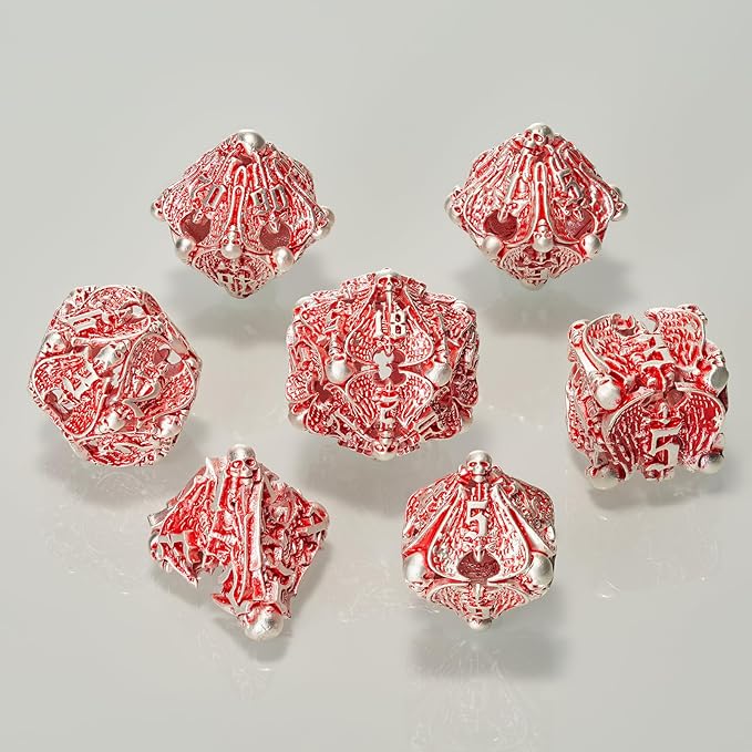 Matt Red White DND Metal Dice 7 PCS Skull Hollow D&D Dice Set for Dungeons and Dragon Gifts of Tabletop Game (Matte Red with White Skull)…