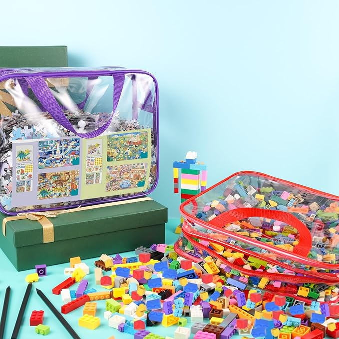 6 Packs Clear Toy Storage Bags with Zipper & Labels, Clear PVC Toy Organizer Bags Reusable with Pocket for Board Games, Building Blocks, Puzzles, Toys