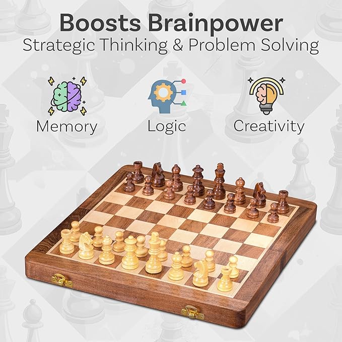 INTAJ Magnetic Chess Set – 7 Inch Small Wooden Travel Chess Board Game for Kids and Adults | Handcrafted Acacia Wood Chess with Storage | Portable Decorative Folding Chess Set for Beginners