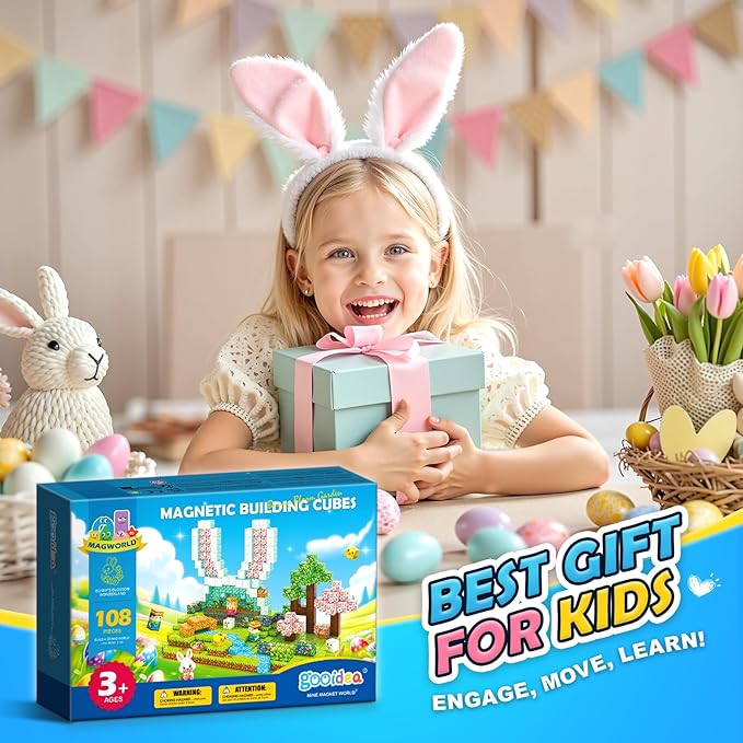 108PCS Magnetic Blocks Kids Magnet Toys, Large 1 inch Building Cubes with Puzzle Panel, Mine Magworld Easter Bunny Garden Building Crafts, Sensory Learning Toys Gift for 3+ Year Old Boys Girls