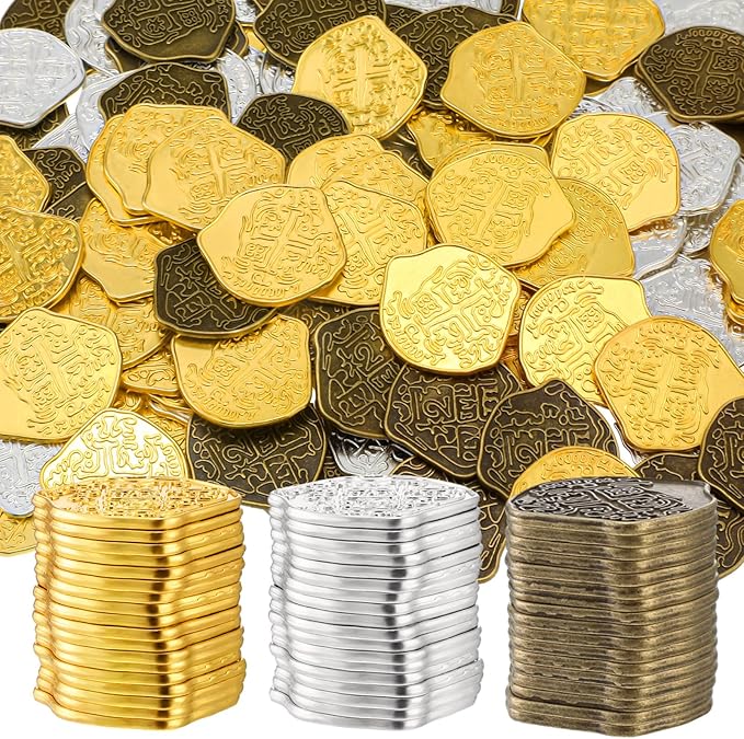 Hanaive 200 Pcs Metal Pirate Coins Set Gold Coins Treasure Chest Spanish Doubloon Fake Tokens for Boys and Girls Board Games Pirate Party Cosplay(Gold, Silver, Bronze)