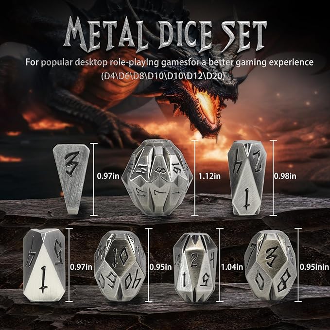 Metal Dice Set for DND, ZHOORQI 7 Pcs Polyhedral Dice, Perfect for Dungeons and Dragons, RPG Role Playing Games - Unique Cool Dice with Stonehenge Themed Design for Games Gifts（JS-Silver）