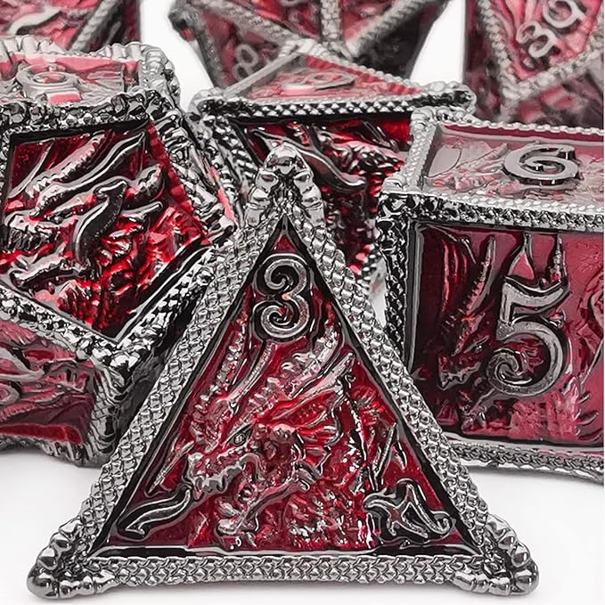 HAOMEJA DND Dice Metal Dragon Dice Set 7 Role Playing Dice D&D Solid Dice Dungeons and Dragons (Black Nickel Red)