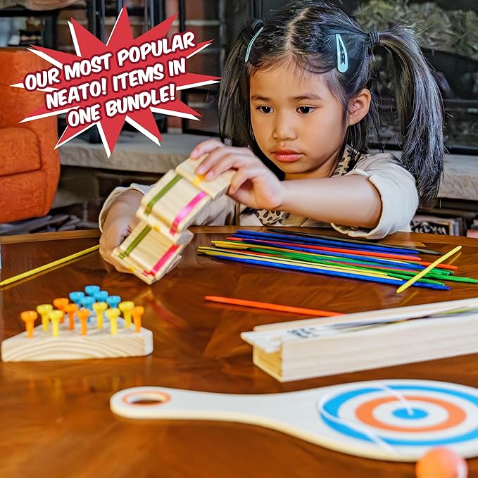 Neato Wood Toys Bundle – Includes Classic Wooden Peg Game, Jacob's Ladder Puzzle, Pick-Up Sticks, and Bounce-Back Paddle Ball – Fun Retro Games for Kids & Adults – Perfect for Travel & Family Play
