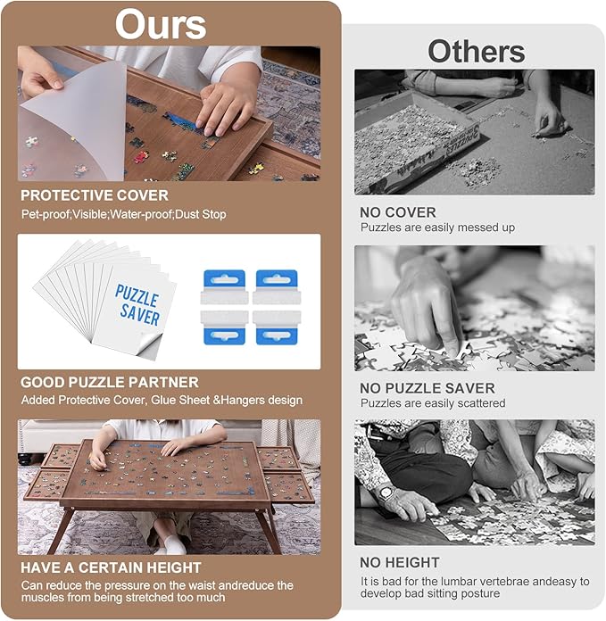 TEAKMAMA 1500 Piece Wooden Jigsaw Puzzle Board with 4 Drawers, Folding Puzzle Table with Protective Cover, Jigsaw Board with Legs, Multifunctional Game Table for Adults, 34W x 26.3D, Chocolate Brown