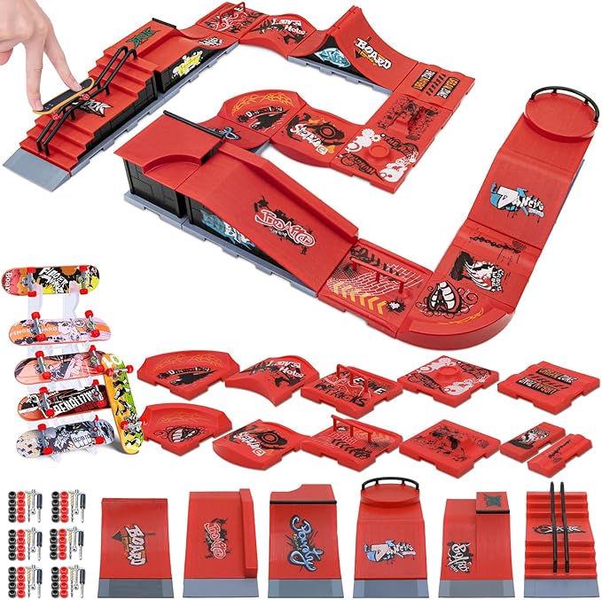 Finger Skateboards Ramp Set, Red 6 in 1 Fingerboard Skatepark Deck with 11 Buffer Plate, Fingerboard Half Pipe Ramp for Kids Adults Fingerboard Train Props Interactive Freestyle Game