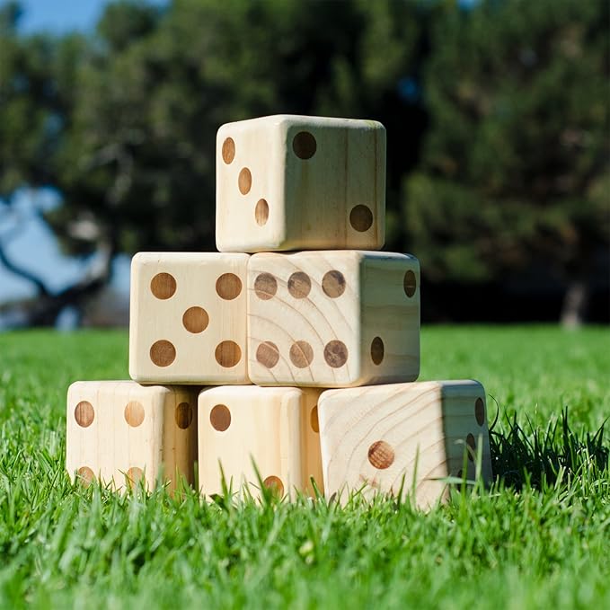 GoSports Giant Wooden Playing Dice Set with Rollzee and Farkle Scoreboard - Includes 6 Dice, Dry-Erase Scoreboard and Canvas Tote Bag - Choose 2.5 Inch or 3.5 Inch Dice)