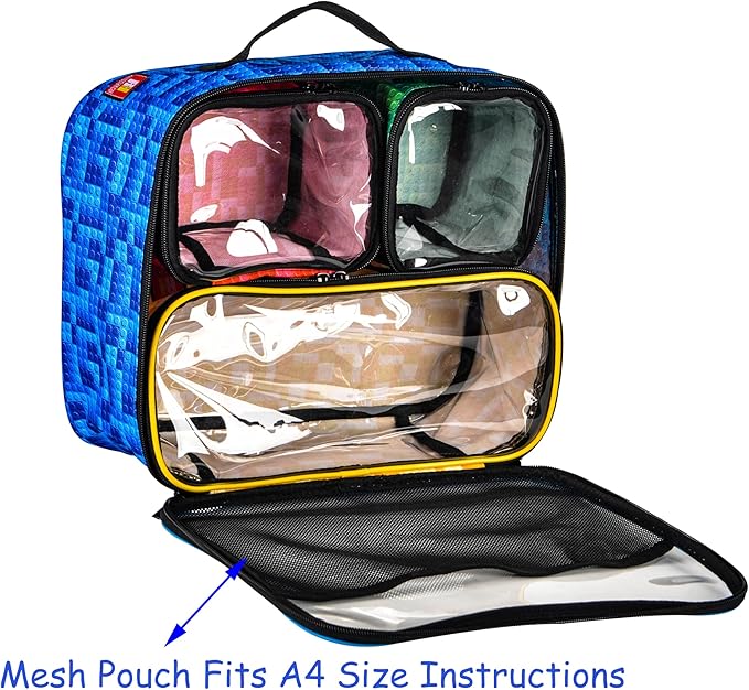 4-piece Kids Toy Storage Organizer Set Bag for Lego Building Bricks with See Through Clear TPU Top, Small Toy Packing Cube Bags, Clean Up Container case (grid pattern)