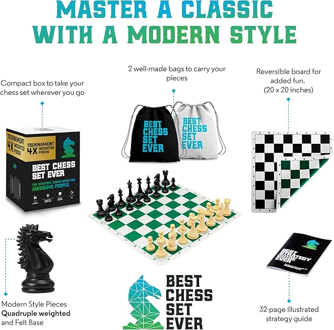 Best Chess Set Ever 4X Quadruple Weighted Tournament Chess Game (4.4" King) Large Staunton Modern Pieces, 20x20 Big Reversible & Foldable Silicone Mat, Professional Chess Board Set for Adults & Kids
