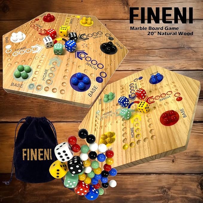 Wooden Board Games, Marble Board Game Original with Dual Sides Fast Track Games for 2 to 6 Players, Double Side Marble Boards, 6 Colors 30 Marbles and 6 Color 6 Dice, Pouch (20" Log)