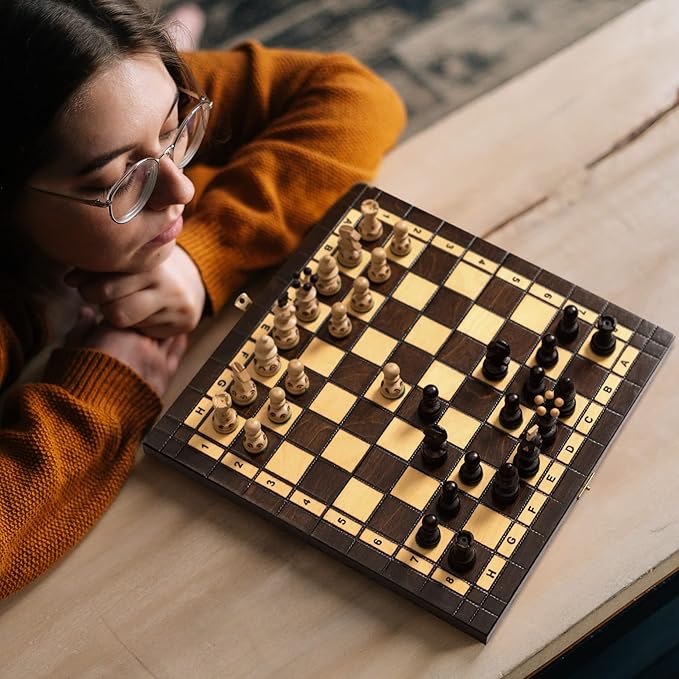 Husaria European International Wooden Chess Game Set Regal - 13.8 Inches Medium Size Chess Set with Handcrafted Chessmen and Felted Folding Board