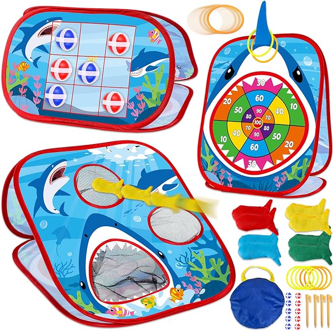 31PCS 4 in 1 Shark Bean Bag Toss Game for Kid Outdoor Ocean Toss Game with Shark Dorsal fin Foldable Cornhole for Party Supplies Board Toy for Toddler Tic Tac Toe Target Christmas