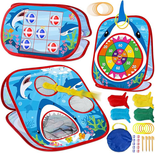 31PCS 4 in 1 Shark Bean Bag Toss Game for Kid Outdoor Ocean Toss Game with Shark Dorsal fin Foldable Cornhole for Party Supplies Board Toy for Toddler Tic Tac Toe Target Christmas