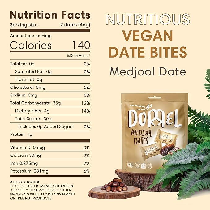 DORREL - Medjool Dates, Individually Wrapped Snacks for High Energy, Nutritious Snack, Delicious, Kosher & Non-GMO Dates Individually Packaged for Convenient Handling, Pack of 1, 8.8 oz / 250 g
