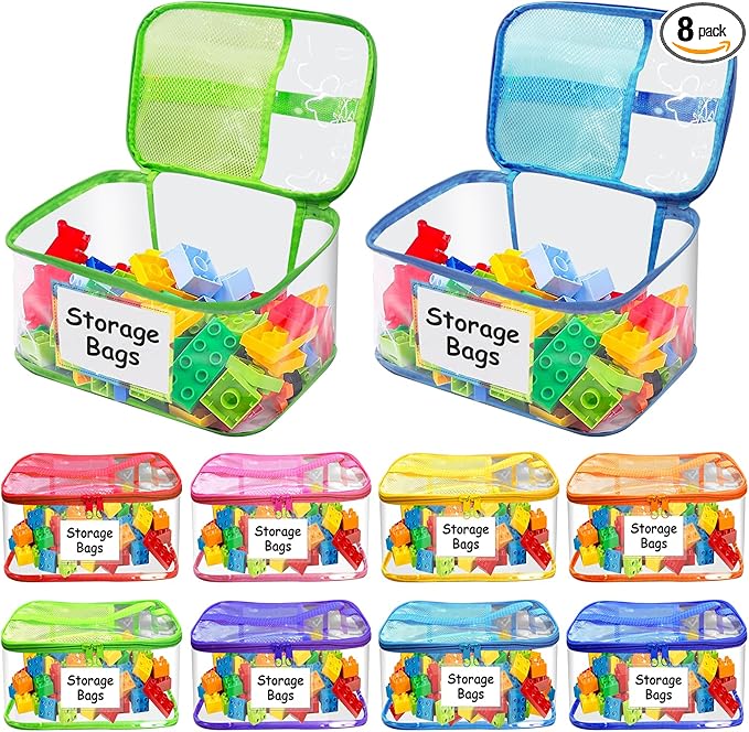 8 Pack Large Clear Toy Storage Bags with Zipper - 9.4x6.7x5.1In Waterproof PVC Organization for Lego, Building Blocks, Board Games & Puzzles - Includes Name Tag (Colorful)