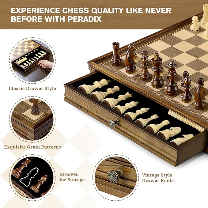Peradix Magnetic Chess Checkers Board Sets with 2 Built-in Storage Drawers,12.8" Classic 2 in 1 Wooden Games with 2 Extra Queens for Kids and Adults,Travel Portable Chess Game Set