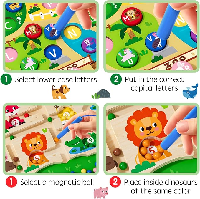 2 in 1 Magnetic Color and Number Maze Magnet Alphabet Counting Dinosaur Double Sided Board Wood Puzzle Fine Motor Skills Montessori Preschool Toys Gifts for Boys and Girls 3-5 Age (Zoo, One Size)