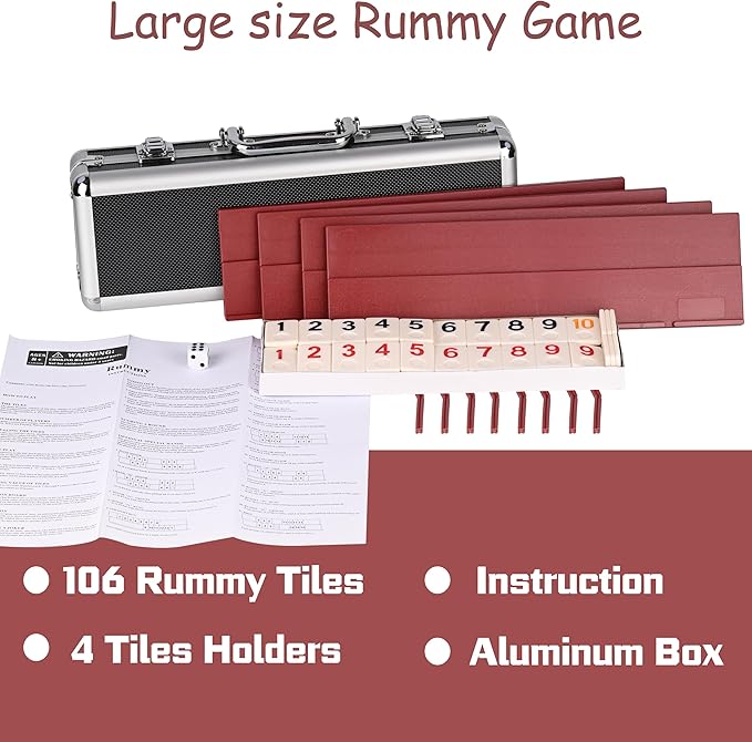 Doublefan Rummy 106 Tiles Large Rummy with 4 Sturdy Racks& Instructions Rummy Tiles with Aluminum Case Suit for 2-4 Players