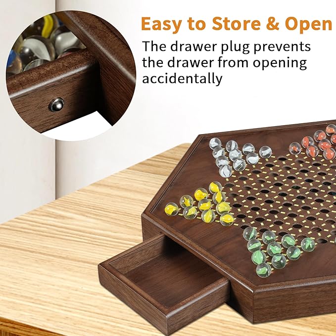 Chinese Checkers Set, 13 Inch Wooden Checkers Board Game with 60+12 Colorful Glass Marbles Fun Family Chinese Checkers Game for 2-6 Players