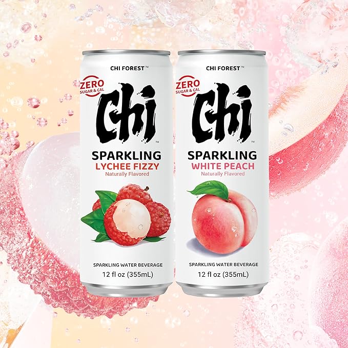CHI FOREST Sparkling Water Beverage, Lychee & White Peach, 2 Flavors, Zero Sugar, 12 fl oz Cans (Pack of 24)