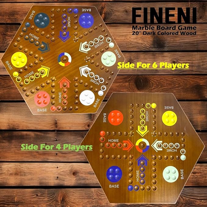 Wooden Board Games, Marble Board Game Original with Dual Sides Fast Track Board Game for 2 to 6 Players, Double Side Marble Game, 6 Colors 30 Marbles Set and 6 Color 6 Dice,Pouch (20" Dark)