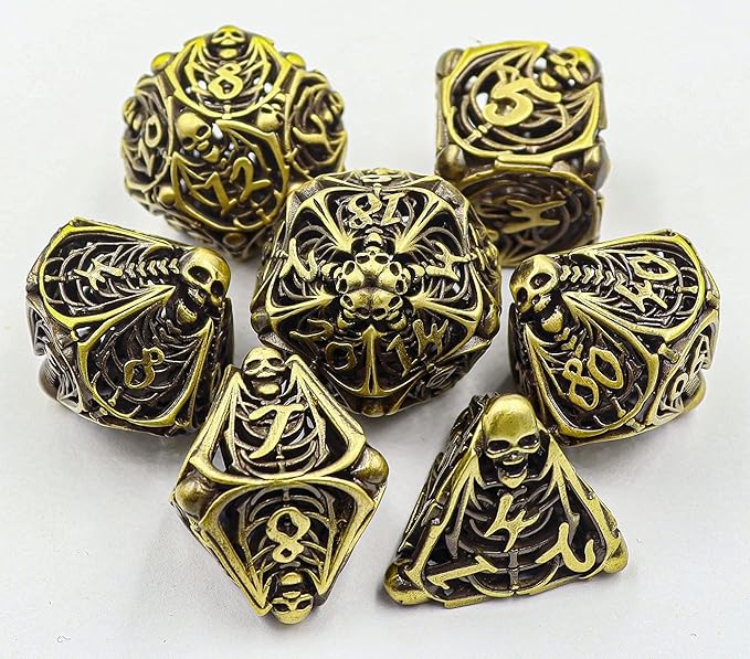Metal DND Dice Set Skull Dungeons and Dragon Dice Set Hollow Polyhedral Magic 7 PCS Dice Set with Gift Metal Box for Dungeons and Dragons Table Games Play Cards MTG(Skull_Ancient Bronze)