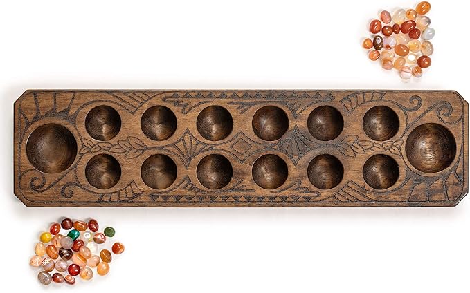 Yellow Mountain Imports Mancala Set with 17.3-Inch Solid Wood Board and Quartz Pebble Playing Pieces