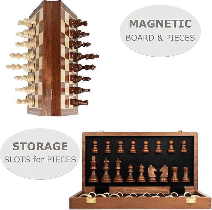 Magnetic Wooden Chess Set for Kids and Adults – 15 in Staunton Chess Set - Large Folding Chess Board Game Sets - Storage for Pieces | Wood Pawns - 2 Extra Queens