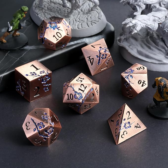 DNDND Metal Dice, 7 PCS Heavy Solid Metallic Flower DND Dice Set with Gorgeous Gift Case for D&D Dungeons and Dragon Tabletop Game (Ancient Copper)