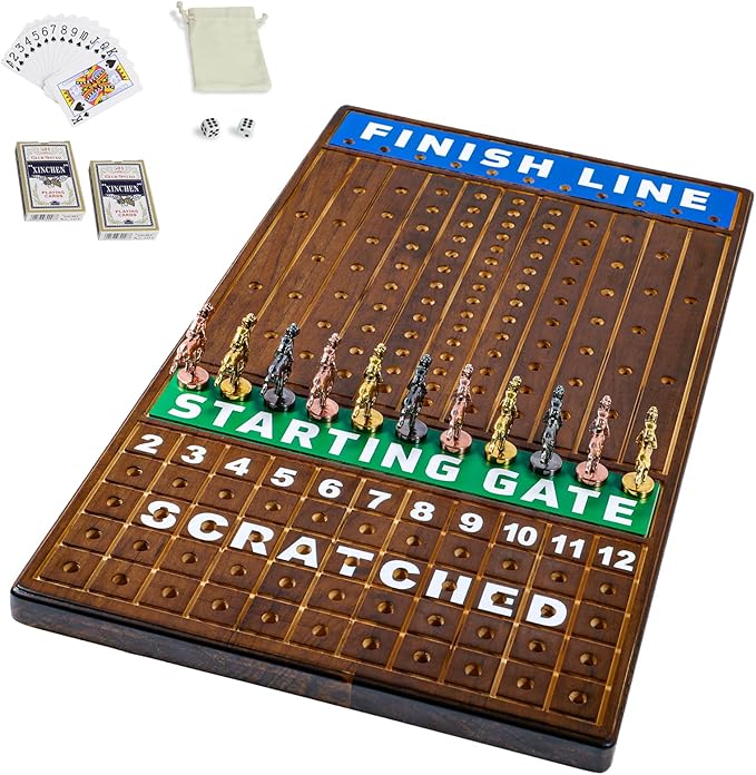 Large 21 inch Finish LINE Horse Racing Board Game is Equipped with 11 Luxury Metalcraft Horses Adult Chessboard Including 2 Dice and 2 Boxes of Cards (Flaming Color)