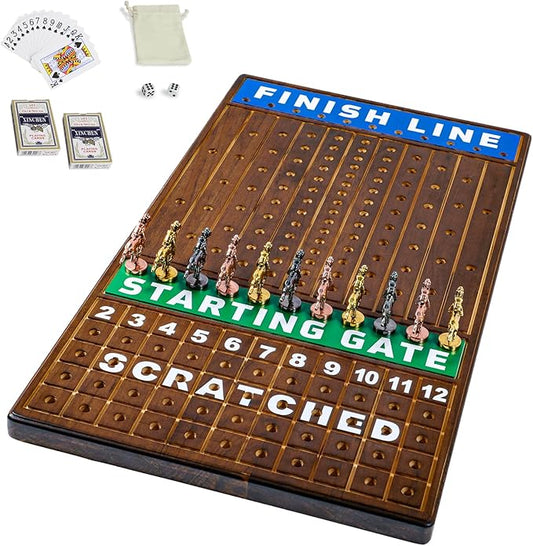 Large 21 inch Finish LINE Horse Racing Board Game is Equipped with 11 Luxury Metalcraft Horses Adult Chessboard Including 2 Dice and 2 Boxes of Cards (Flaming Color)