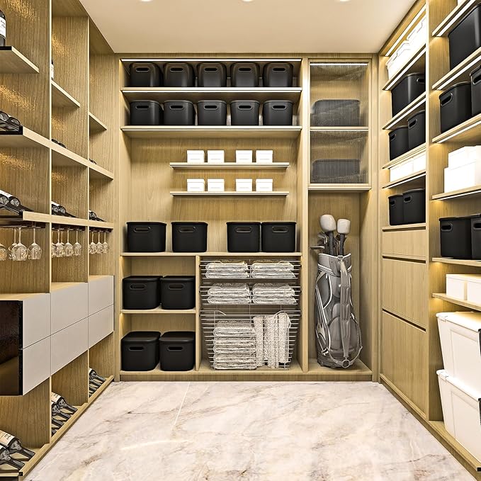 6 Pack Black Storage Bins with Lids Stackable Storage Container for Organizing, Black Storage Boxes with Handle for Shelves, Cute Organizer Bins for Craft, Snacks, 9.85x6.9x5.7 inch