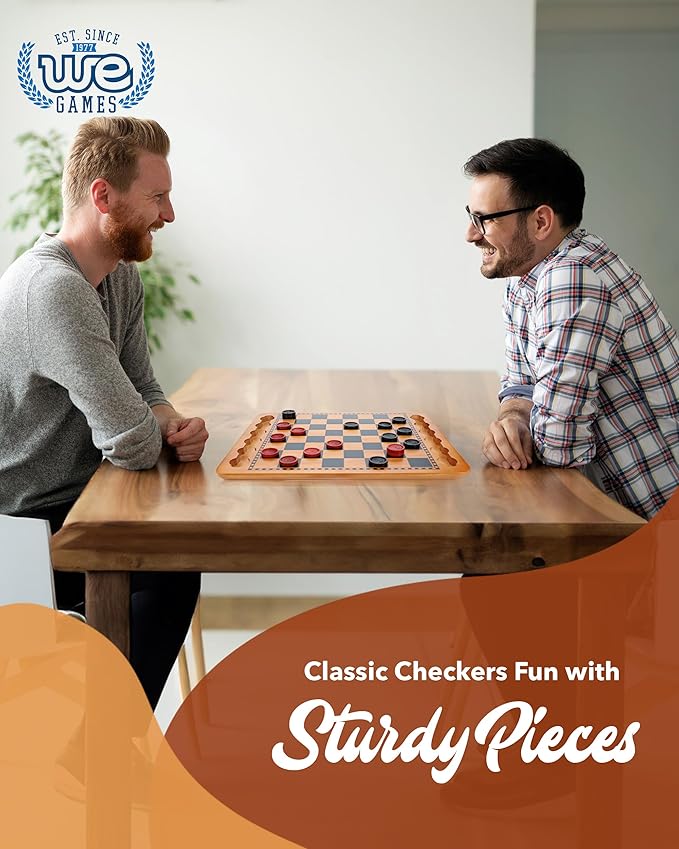 WE Games Solid Wood Checkers Board Game – 14.5-Inch Vintage Checkers Set with Inset Grooves & 24 Red & Black Board Game Pieces – Fun Family Table Game