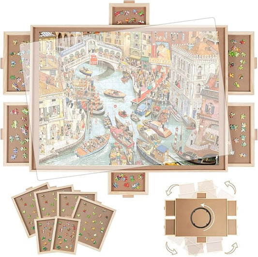 2000 Pieces Rotating Puzzle Board with 6 Drawers,40.16"x28.5" Portable Wooden Jigsaw Puzzle Table with Lazy Susan Spinning Cover for Adults